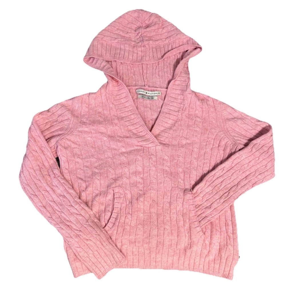 ❌SOLD Tommy Hilfiger Pink Cable knit hooded sweater cotton angora rabbit hair M